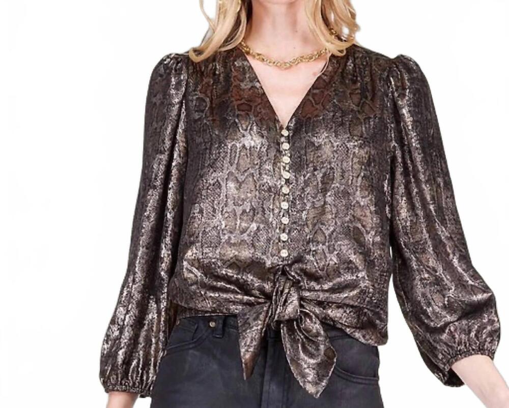 NEW JOY JOY the serpentina metallic python print top in gunmetal